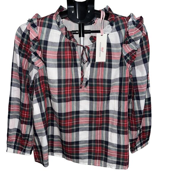Vineyard Vines Tops - Vineyard Vines Blackwatch Ruffle Popover Woven Plaid Top Size XS NWT Red Blue